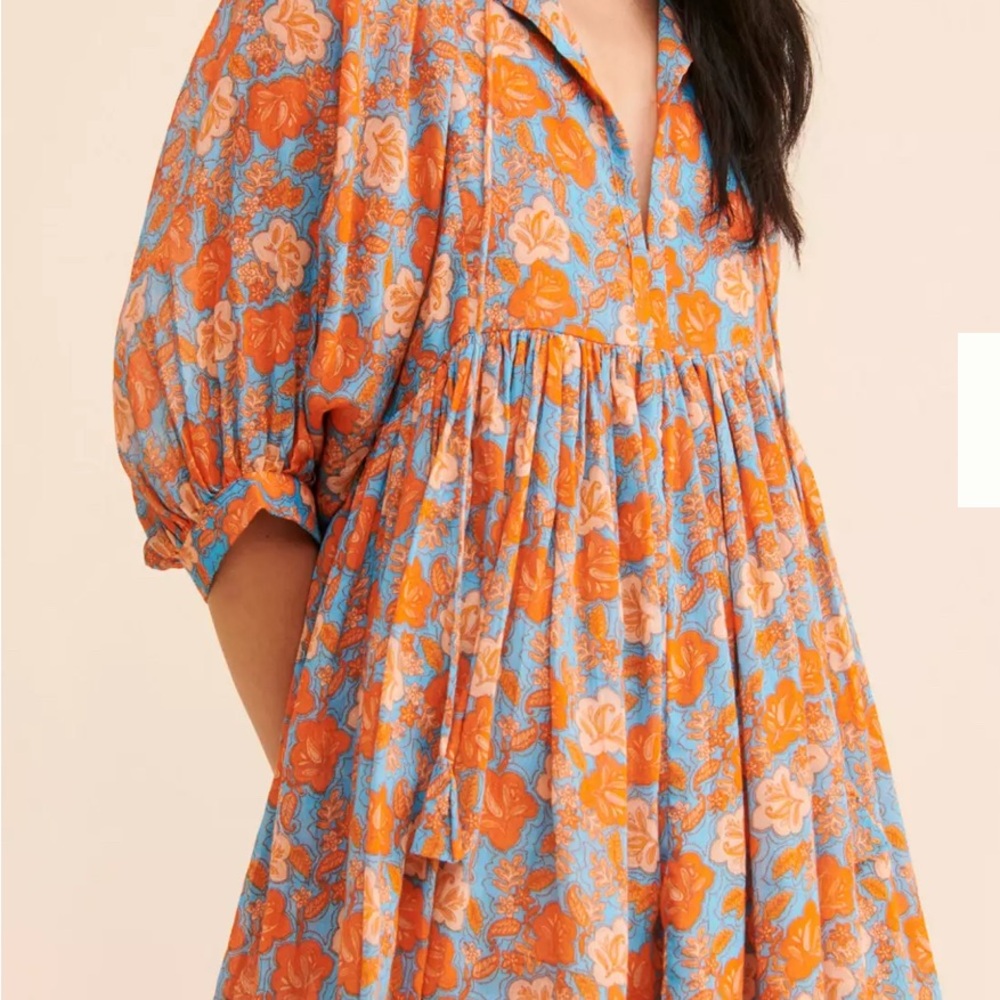 Sundry Orange and Blue Puff Sleeve Sundress